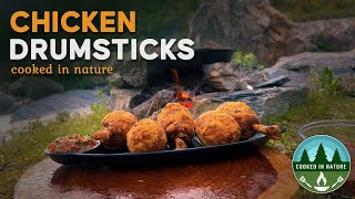 Chicken Drumsticks Cooked in the Middle of River  Riverside Cooking  Rain Camping [upl. by Htrahddis]