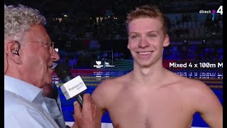 Léon MarchandCarson Foster  82  Demifinale du 200m 4 nages en français  interview Léon [upl. by Bedad]