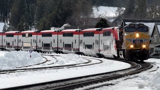 UP 2585 hauls the Caltrain STADLER KISS unit 312311 for Caltrain Electrification through Truckee [upl. by Arbmahs]