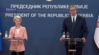 Vučić Otvoren razgovor i o KiM izneo sam poziciju Srbije Fon der Lajen Budućnost Srbije je u EU [upl. by Los]