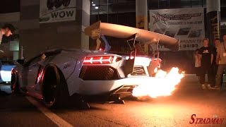 FLAMETHROWER KING Lamborghini Aventador Liberty Walk widebody spitting flames at SEMA 2014 [upl. by Divd953]