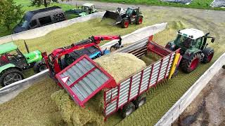 Fahrsilofüllen 🇨🇭🌽🚜 mit Bunkerhäcksler Feldhäcksler Traktoren und Trucks quotTrailerquot [upl. by Nydroj]