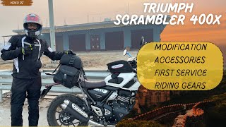 Triumph Scrambler 400X Accessories Modification First Service and All Riding Gears You Need [upl. by Hersch]