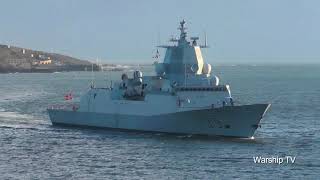 ROYAL NORWEGIAN NAVY HNoMS HELGE INGSTAD F313 ENTERS DEVONPORT AT PLYMOUTH HOE  25th Jan 2018 [upl. by Rubi144]