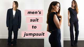 DIY wide leg Jumpsuit from Mens suit refashion video [upl. by Einahpet]