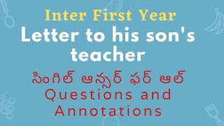 Letter to his sons teacher  single answer for all Questions and Annotations  Explain in telugu [upl. by Desdemona]