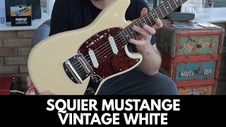 UNBOXING Squier Vintage Modified Mustang Vintage White  Review Demo [upl. by Nitsrik]