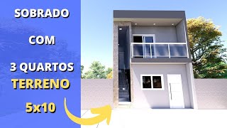 ✅PLANTA DE CASA TIPO SOBRADO PEQUENO COM 3 QUARTOS 5x10 [upl. by Doley]