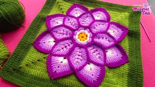 Como tejer el Cuadrado de colores N° 51 o muestra con flor en 3D a crochet para colchas y cojines [upl. by Vonny512]