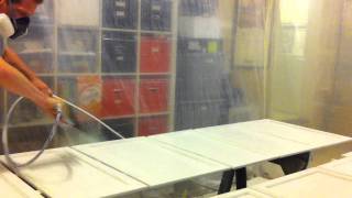 Spraying kitchen cabinets white with airless sprayer in garage [upl. by Augie]