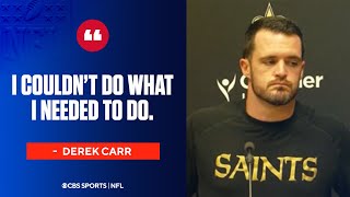 Derek Carr discusses the Saints loss to the Chiefs and his early exit from the game [upl. by Nwahsed443]