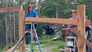 81 MAJOR PROGRESS SETTING POSTS amp BEAMS FOR WOODSHED timberframe logging sawmill firewood [upl. by Aslin]