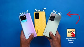 Realme GT Neo 3T vs Poco F4 vs IQOO Neo 6  PerformanceBatteryCamera amp Pubg Graphics 🤩 [upl. by Willett]