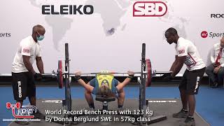 World Record Bench Press with 123 kg by Donna Berglund SWE in 57kg class [upl. by Sessler]