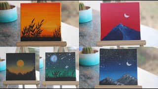 5 Paintings For Beginners  Complete Guide on Blending Techniques  Painting on 5 Tiny Canvases [upl. by Pleasant513]