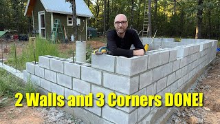 Episode 44  2 Walls amp 3 Corners DONE OffGrid Cabin Foundation  Block Stem Wall [upl. by Graves]