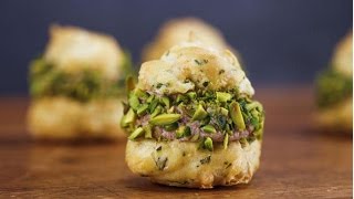 Gougeres with Mortadella Balsamic Mousse and Pistachios [upl. by Starlene]