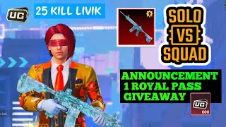 BATTLEGROUND MOBILE INDIA GAMEPLAY SOLO VS SQUAD LIVIK 25 KILL ROYAL PASS GIVEAWAY BGMI [upl. by Stearns]