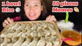 Eating 50 pieces chicken dumpling 1 bowl rice with spicy pickles king chili spicy chicken momos [upl. by Aciretnahs]