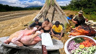 Bushcraft Survival Shelter Build For Rain Near River Whole Chicken Grilled on Fire Outdoor Cooking [upl. by Shorter]