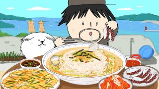 잔치국수에 부추전 먹방 문어숙회김치  애니먹방  noodlesampkimchi Mukbang Animation ASMR foomuk [upl. by Love]