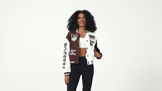 Womens Varsity Jacket Print Cropped Color Block Jacket [upl. by Saraann304]