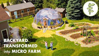 Couple Growing Food Year Round in a Backyard Permaculture Micro Farm with Geodesic Dome Greenhouse [upl. by Llednav869]