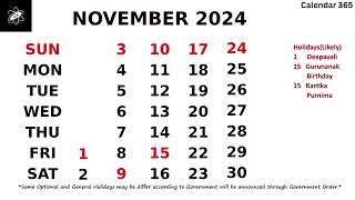 November Calendar 2024  November 2024 Calendar with Holidays  India 📅 Calendar 365 📅 [upl. by Nelrah]