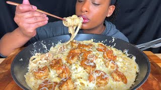 Chanel Raelynn Creamy Cheesy Shrimp Fettuccine Alfredo Pasta Mukbang 먹방 Eating chanelraelynnvideos [upl. by Airtemed]