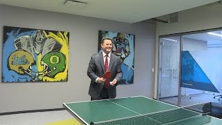 2015 Pac12 Mens Basketball Media Day Arizona’s Sean Miller shows off his ping pong skills [upl. by Ydahs]