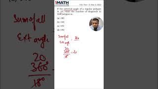 If the external angle of a regular polygon is 18° then the number of diagonals in this polygon is [upl. by Naujik]