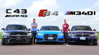 2020 BMW M340i vs Audi S4 vs Mercedes C43 AMG  Performance Sedan FaceOff [upl. by Ahseek15]