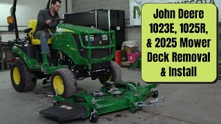 John Deere 1023E 1025R amp 2025 Mower Deck Removal amp Installation Tutorial by Minnesota Equipment [upl. by Resneps]