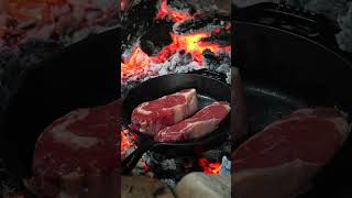 Cooking Ribeye Steaks in a Cast Iron Over the Fire camping shorts [upl. by Ennahoj]