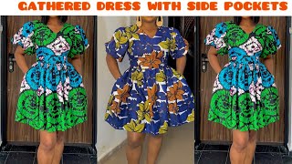 How to make a Simple Gathered dress with Side Pockets and Puffy Sleeve  Beginner’s sewing Tutorial [upl. by Merna961]