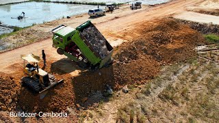 Incredible Dump Truck Fly Back Unloading Stuck Deep Heavy Recovery By Two Dozer Komatsu Extremely [upl. by Kuo]