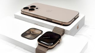 Apple Watch Series 10 Unboxing and Hands on  46mm Gold Titanium 2024  ASMR [upl. by Aesoh]