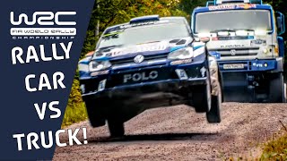 Dakar Truck VS Rally Car VW Polo R WRC vs Kamaz Dakar Truck over Ounimpohja jump of Rally Finland [upl. by Mharba]