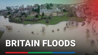 Drone footage shows Britains Tewkesbury Abbey surrounded by floods  ABSCBN News [upl. by Ruckman463]