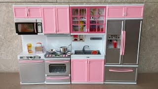 Unboxing new barbie kitchen set  Deluxe Modern toy Kitchen Battery Operated doll Kitchen Playset [upl. by Aicemak]