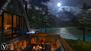 Lakeside Cabin  Night Ambience  Firepit Water amp Forest Nature Sounds [upl. by Edualc]