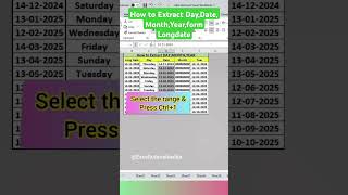 How to Extract day date month and year form the full date in Excel without formula excelshorts yt [upl. by Onairot]