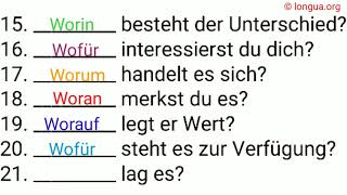 Präpositionen Fragen wozu womit woran wodurch wovon wovor wogegen wofür woran woraus wor [upl. by Alah]