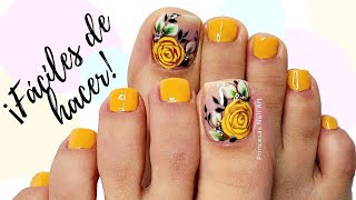 💛Cómo decorar uñas de los pies con flores paso a paso en color amarillo 2021🏵 [upl. by Oiruam]