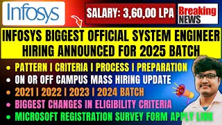 Finally Infosys Biggest System Engineer Hiring Announced 2025  OFFON Campus Hiring 20252021 Batch [upl. by Kcirtapnaes]