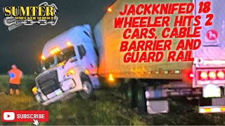 Jackknifed 18 wheeler hits 2 cars cable barrier and guard rail [upl. by Mccord]