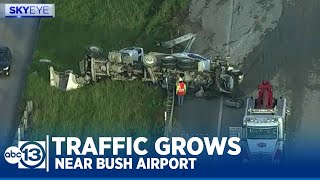 Traffic grows near IAH after concrete mixer overturns on North Beltway [upl. by Llerud]