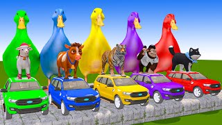 5 Giant Duck CartoonCowTigerElephantSheepMonkey Paint Wild Animals Crossing Fountain Animation [upl. by Nibur]