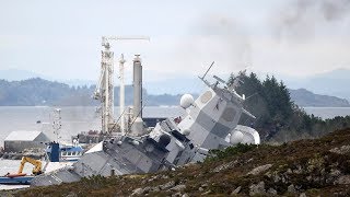 KNM Helge Ingstad ligger delvis på land etter kollisjon [upl. by Madlen]