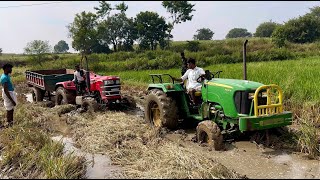 Mahindra tractor stuck in mud pulling out by John Deere tractor  tractor [upl. by Cecelia]